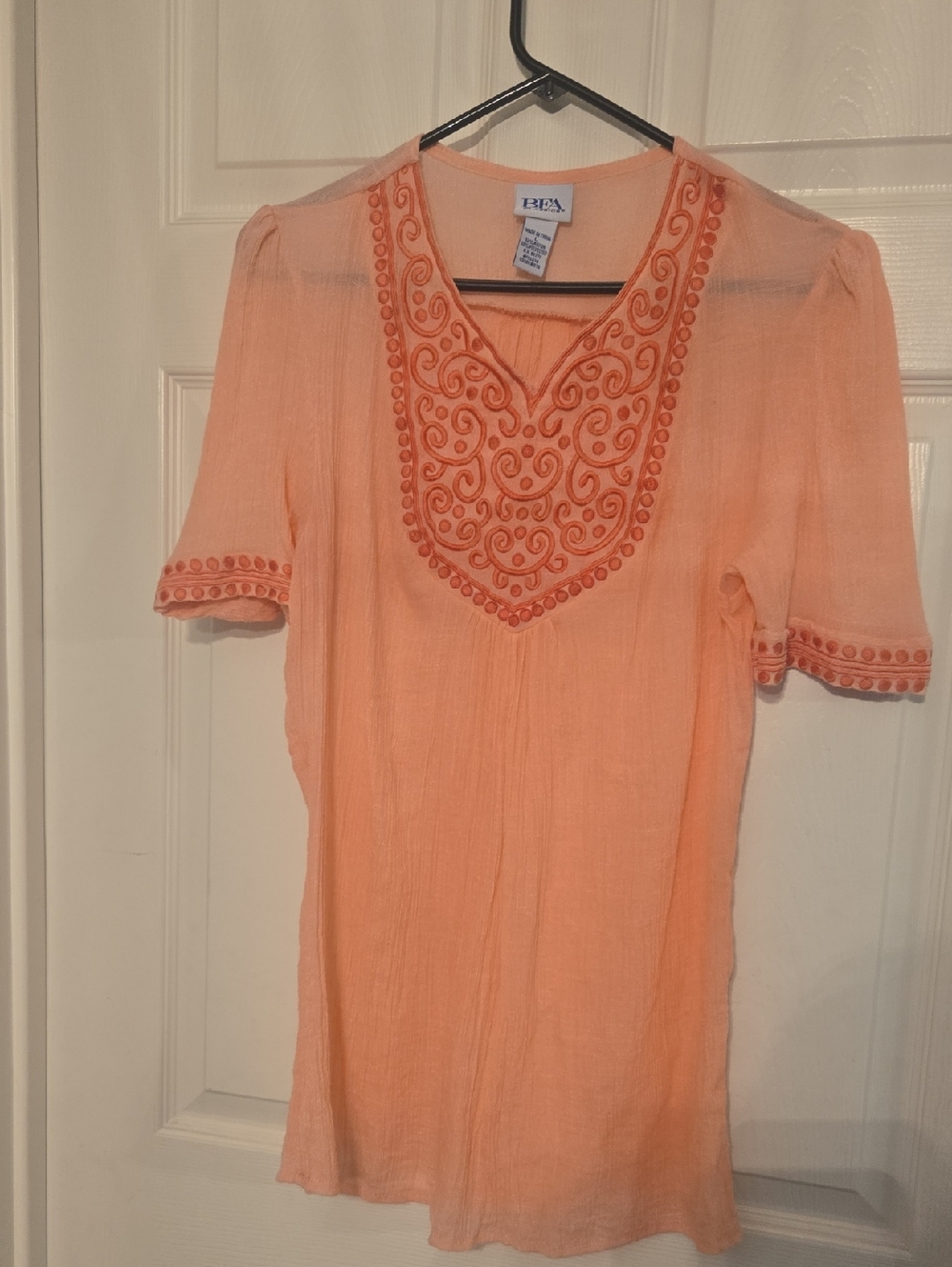 BFA Classics  Women's Peach Embroidered Short-Sleeve Blouse
